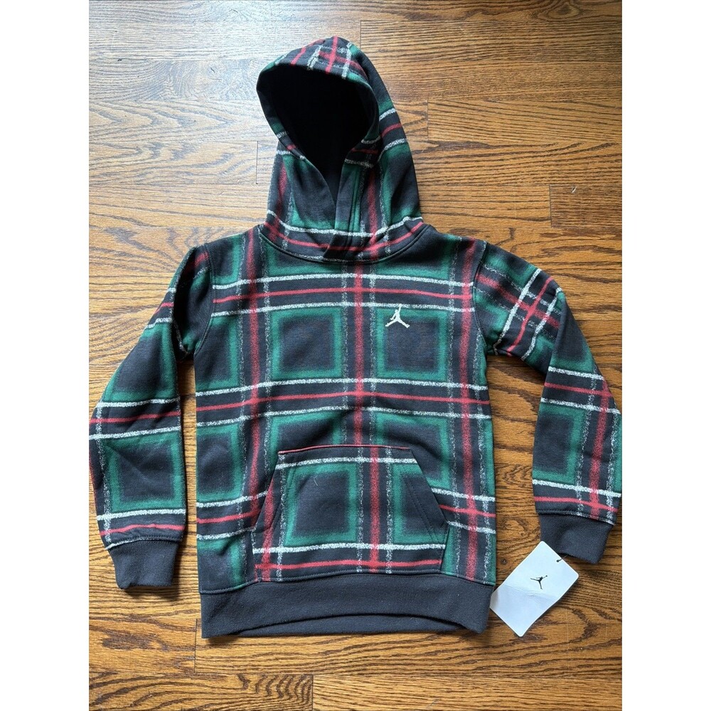 NWT Nike Jordan Green Red Plaid Fleece Pullover Hoodie Youth 5 Small 85D459-023